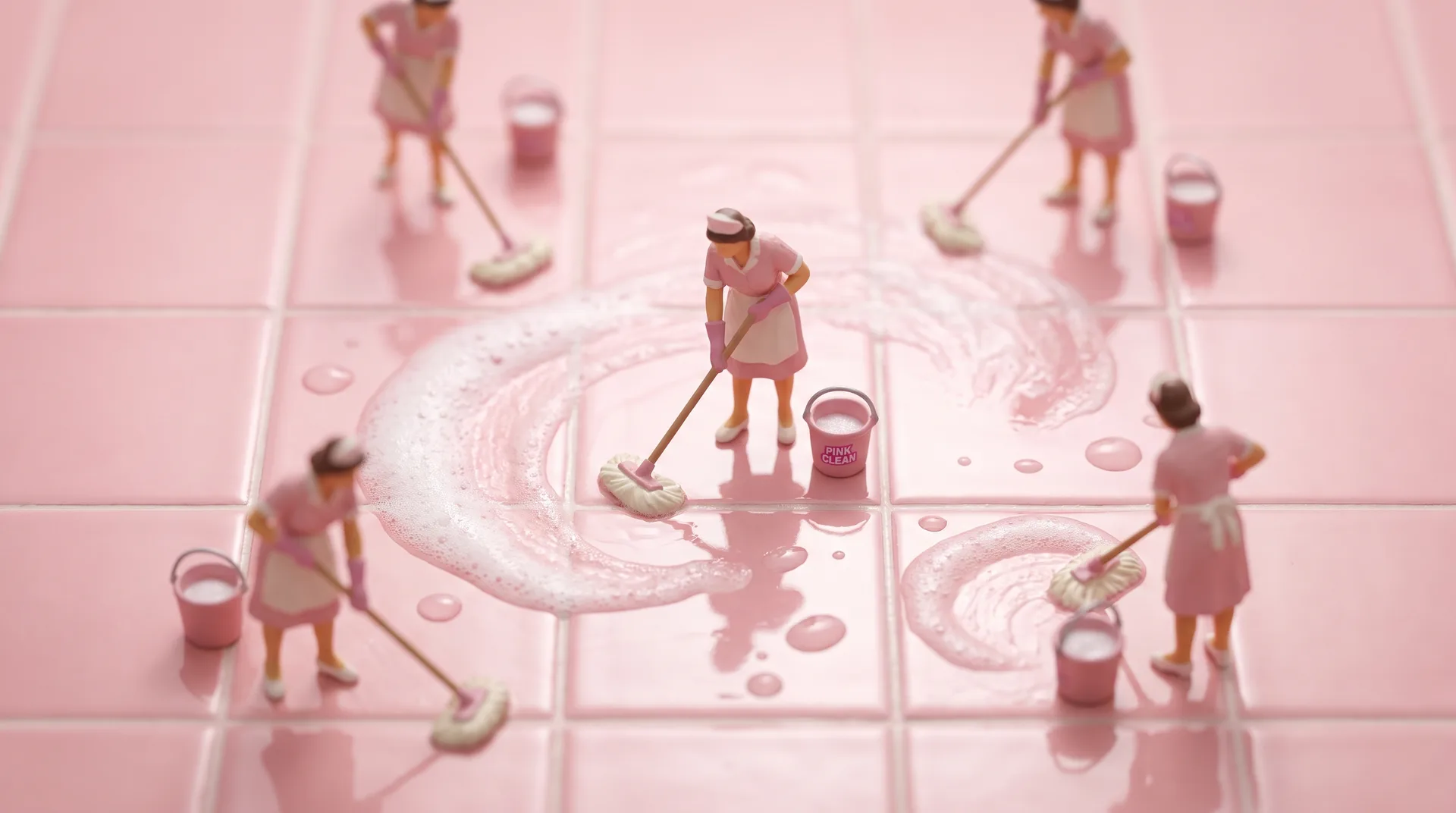Tiny cleaners tidying a giant field of soft pink microfiber