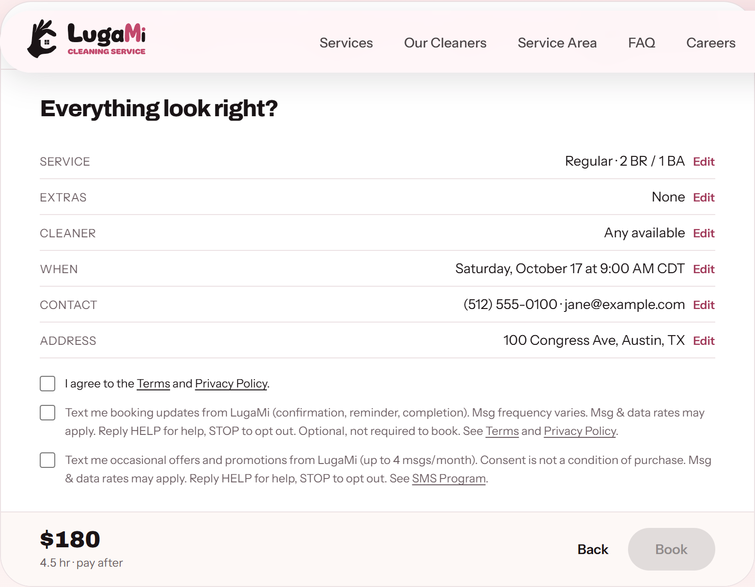 Screenshot of the LugaMi booking form Confirm step with two unchecked, optional SMS consent checkboxes